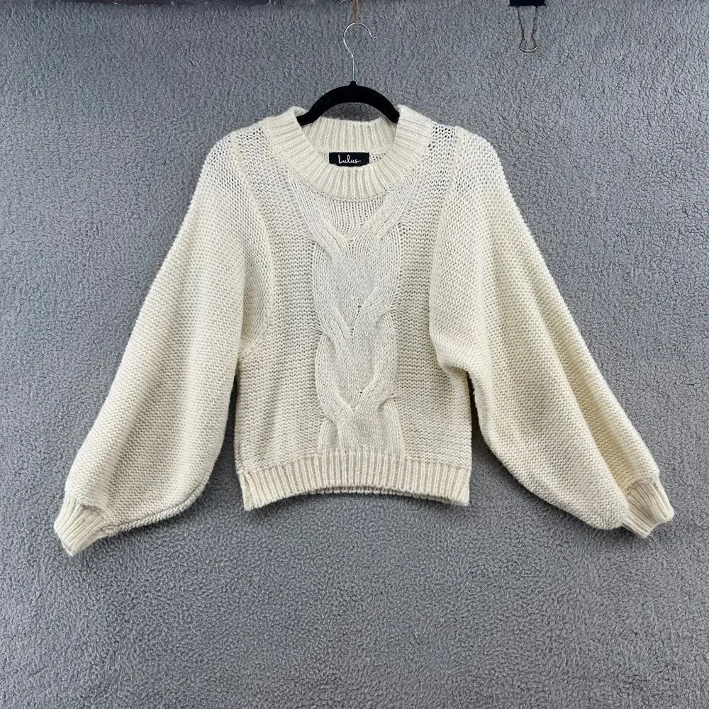 Lulus Sweater Balloon Sleeve Cable Knit Ivory Size Small Mock Neck